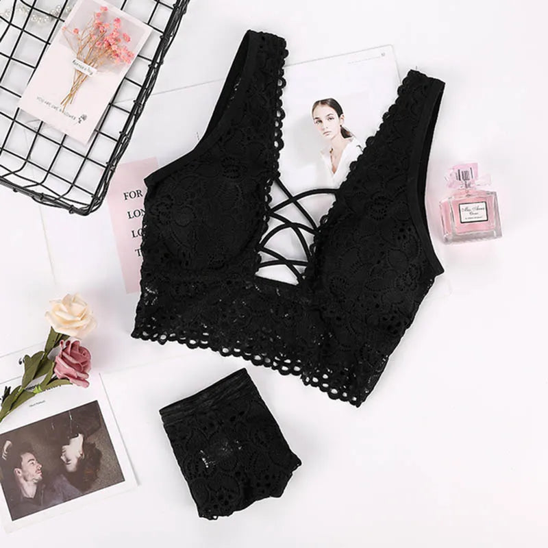 Women Bra Set Sexy Cross Straps Bra Panty Underwear Set Ladies Push Up Lace Hollow Intimates Briefs Lingerie Set Good Vibrations