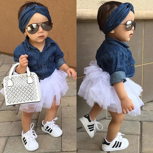 Baby Girl Summer Clothing Sets Baby Girls Clothes Denim Shirt Top +Tutu Skirts+Headband 3pcs Outfits Sets 0-5T Good Vibrations