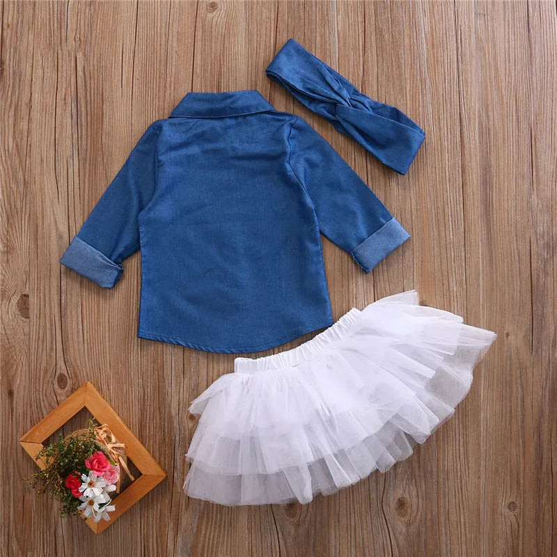 Baby Girl Summer Clothing Sets Baby Girls Clothes Denim Shirt Top +Tutu Skirts+Headband 3pcs Outfits Sets 0-5T Good Vibrations