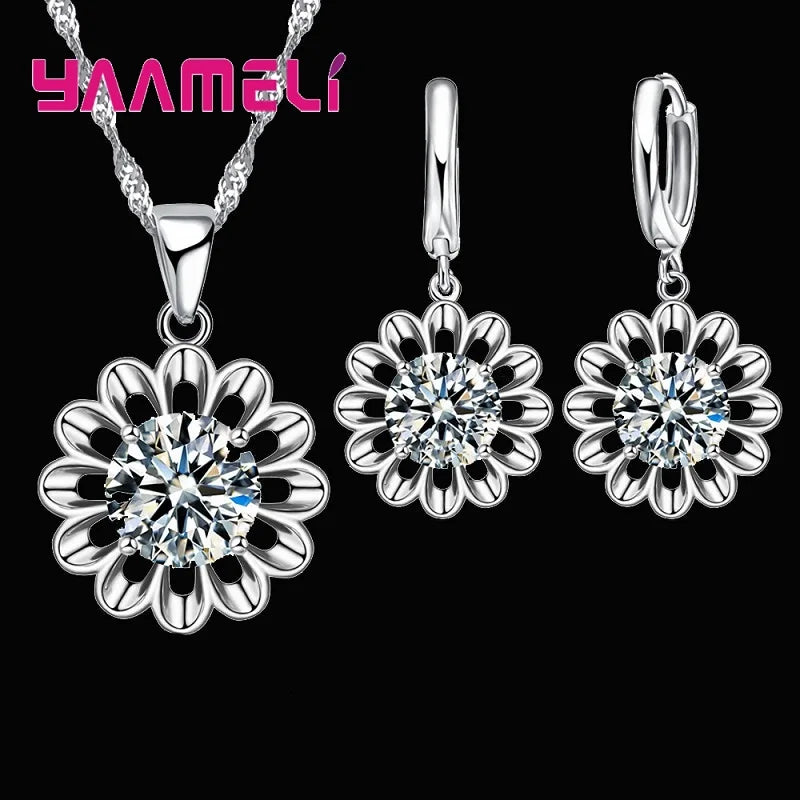 New Fashion Wedding Jewelry Set Women Top Quality 925 Sterling Silver Color Crystal Pendant Necklace Hoop Earring Big Promotion Good Vibrations
