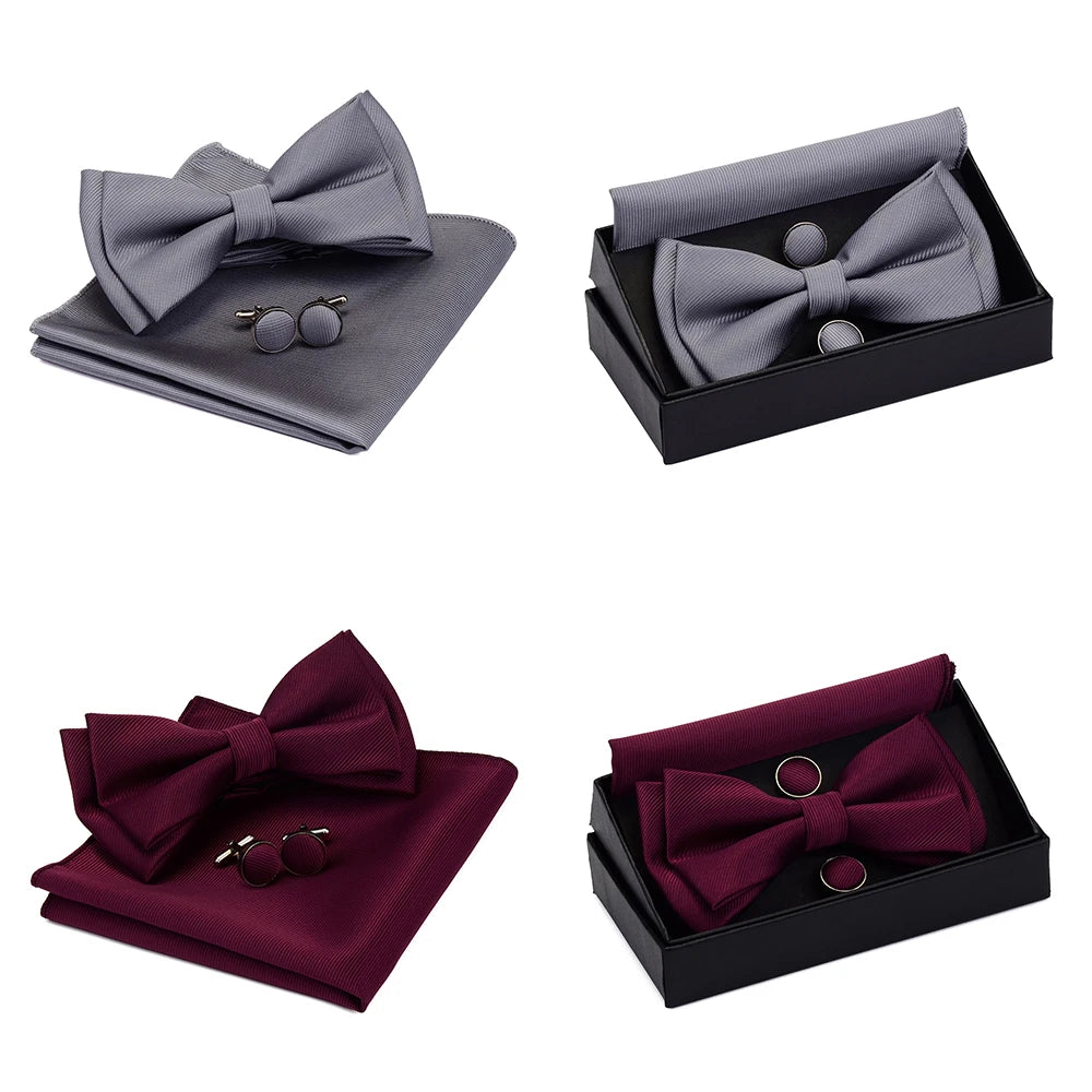 GUSLESON Quality Bowties For Wedding Mens Solid Color Two Layer Pre-tied Bow Tie and Pocket Square Cufflinks Set with Gift Box Good Vibrations