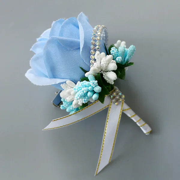YO CHO Wedding Bouquet Artificial Rose Flowers Blue Brooch Corsages Glitter Rhinestone Ribbon Lace Classic Prom Boutonniere Pins Good Vibrations