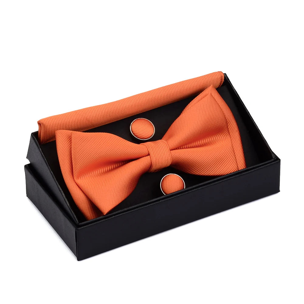GUSLESON Quality Bowties For Wedding Mens Solid Color Two Layer Pre-tied Bow Tie and Pocket Square Cufflinks Set with Gift Box Good Vibrations