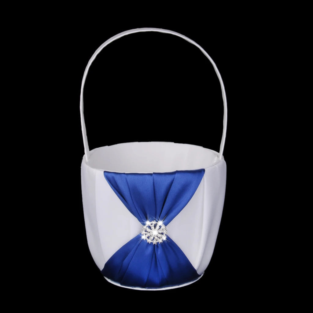 White Wedding Flower Girl Basket With Royal Blue Satin Diamante Bowknot Flower Pots Good Vibrations
