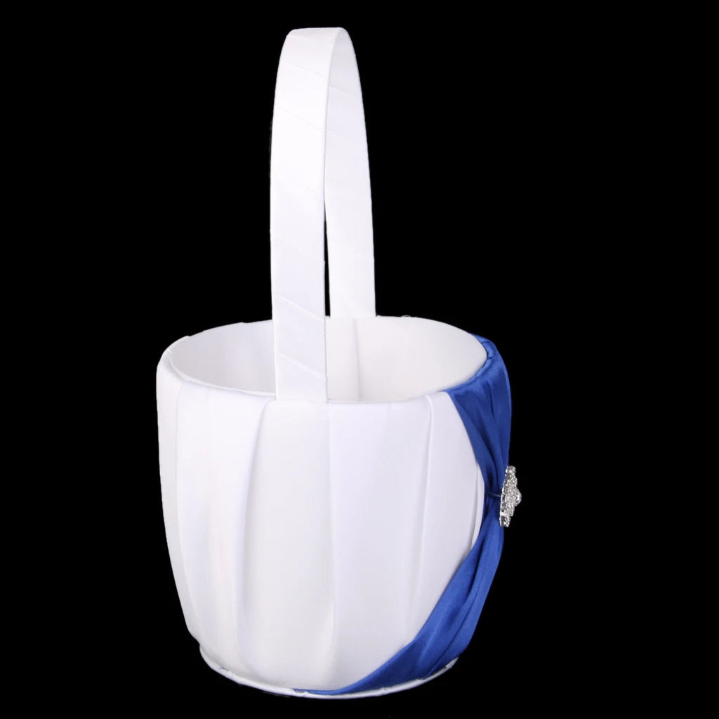White Wedding Flower Girl Basket With Royal Blue Satin Diamante Bowknot Flower Pots Good Vibrations