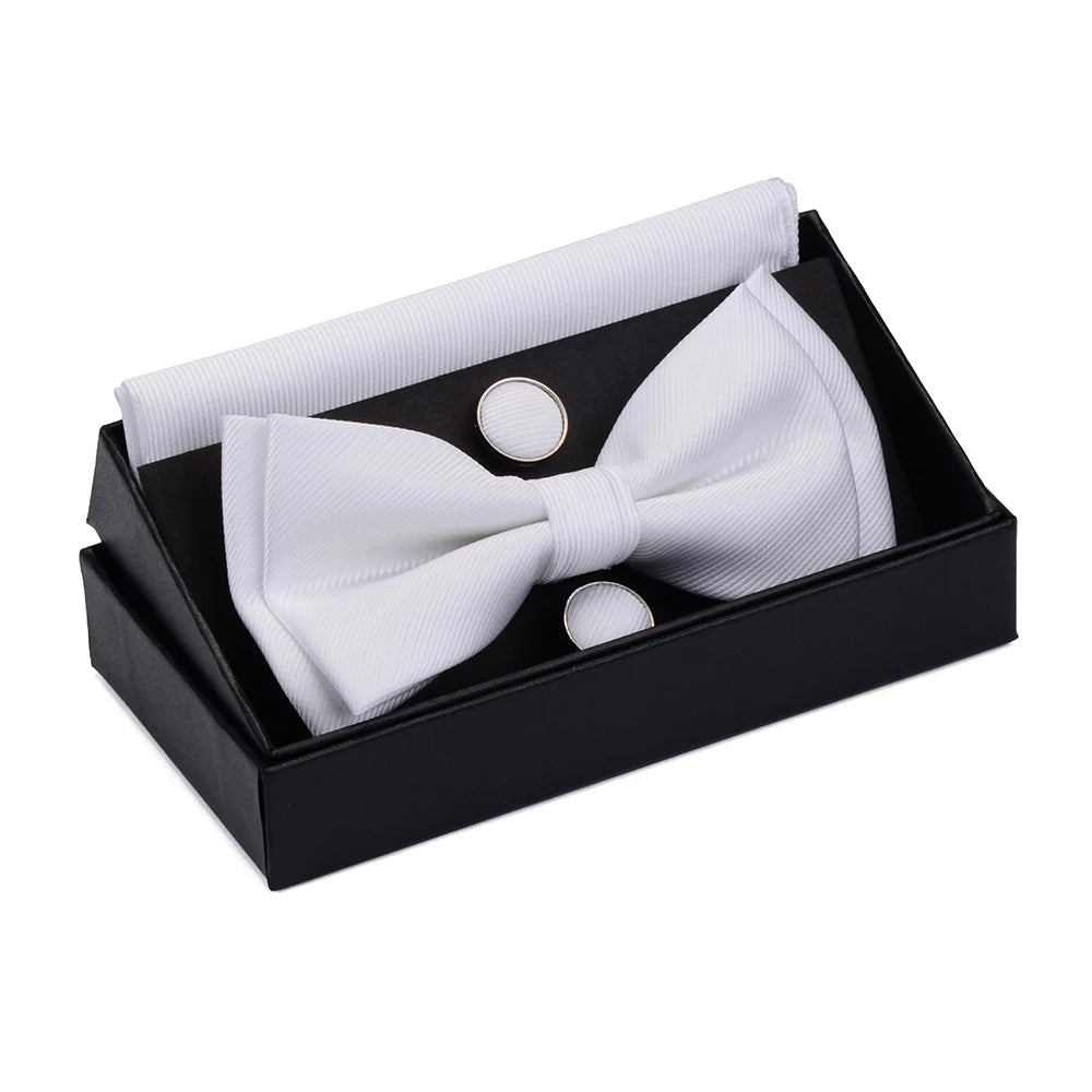 GUSLESON Quality Bowties For Wedding Mens Solid Color Two Layer Pre-tied Bow Tie and Pocket Square Cufflinks Set with Gift Box Good Vibrations