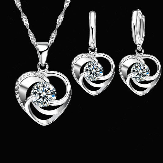 925 Sterling Silver Stamped Necklace Earrings Set Long Chain Sweet Romantic Style Love Heart Shape For Women Lady Wife Good Vibrations