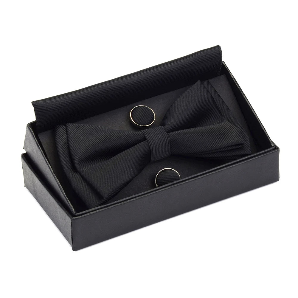 GUSLESON Quality Bowties For Wedding Mens Solid Color Two Layer Pre-tied Bow Tie and Pocket Square Cufflinks Set with Gift Box Good Vibrations