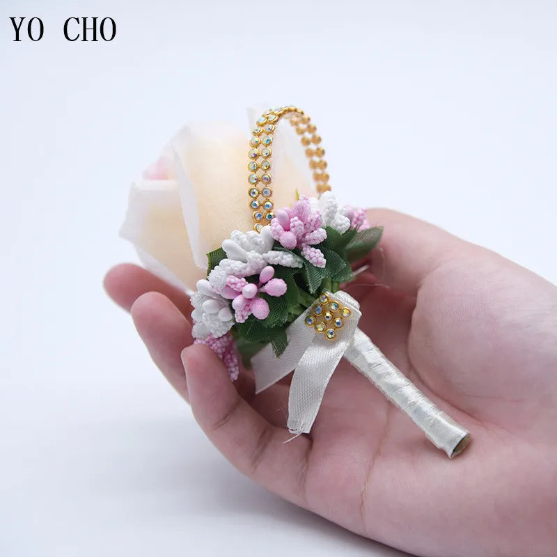 YO CHO Wedding Bouquet Artificial Rose Flowers Blue Brooch Corsages Glitter Rhinestone Ribbon Lace Classic Prom Boutonniere Pins Good Vibrations