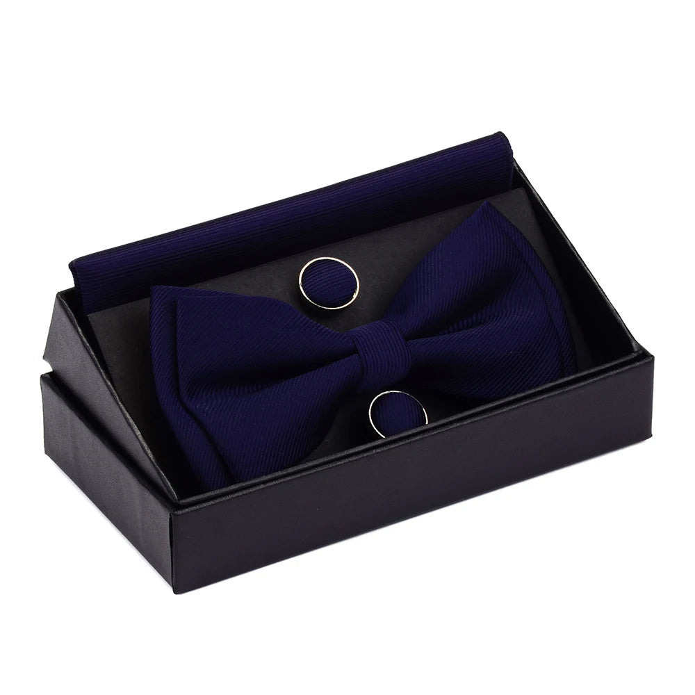 GUSLESON Quality Bowties For Wedding Mens Solid Color Two Layer Pre-tied Bow Tie and Pocket Square Cufflinks Set with Gift Box Good Vibrations