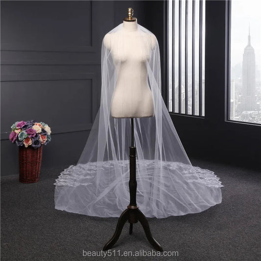 Wholesale New Grance Long Lace Bridal Wedding Veilwhite One-layer Bell Flower Wedding Lace Veil Fashionable Long Tulle HL26 Good Vibrations