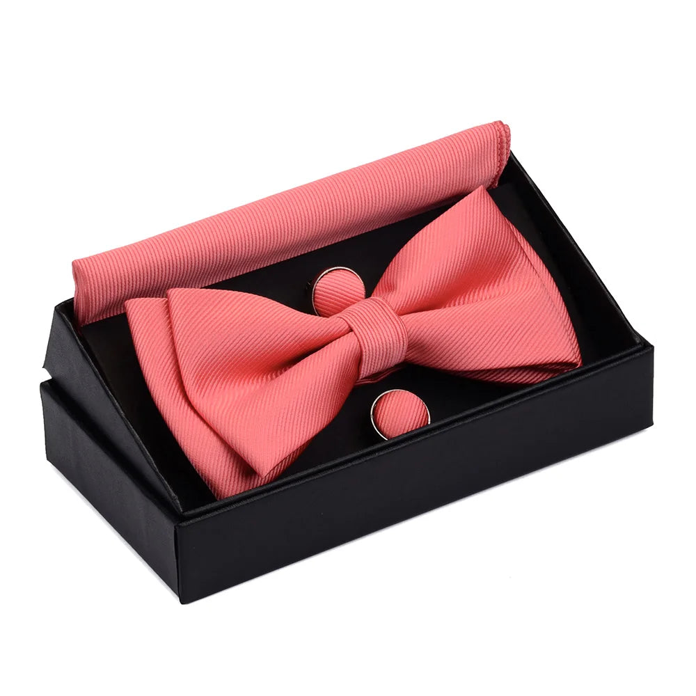 GUSLESON Quality Bowties For Wedding Mens Solid Color Two Layer Pre-tied Bow Tie and Pocket Square Cufflinks Set with Gift Box Good Vibrations