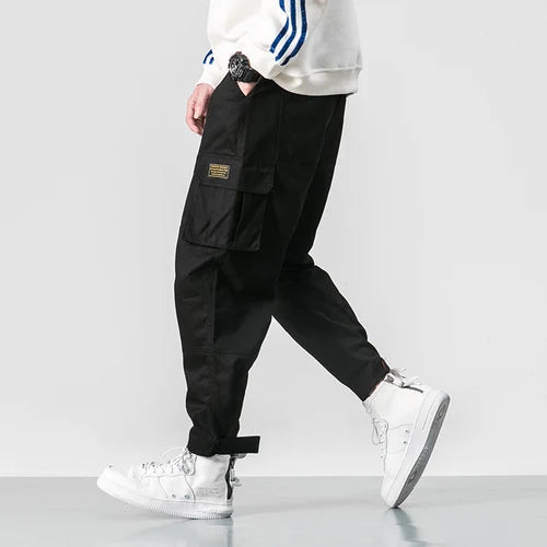 Men Multi-pocket Elastic Waist Design Harem Pant Street Punk Hip Hop Red Casual Trousers Joggers Male Army Cargo Pants 5XL Good Vibrations
