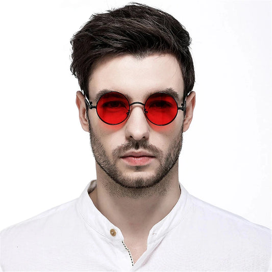 VIVIBEE Vintage Steampunk Red Sunglasses Men Round Punk Alloy Metal Retro Sun Glasses Women 2025 Goggles Gothic Style Shades Good Vibrations