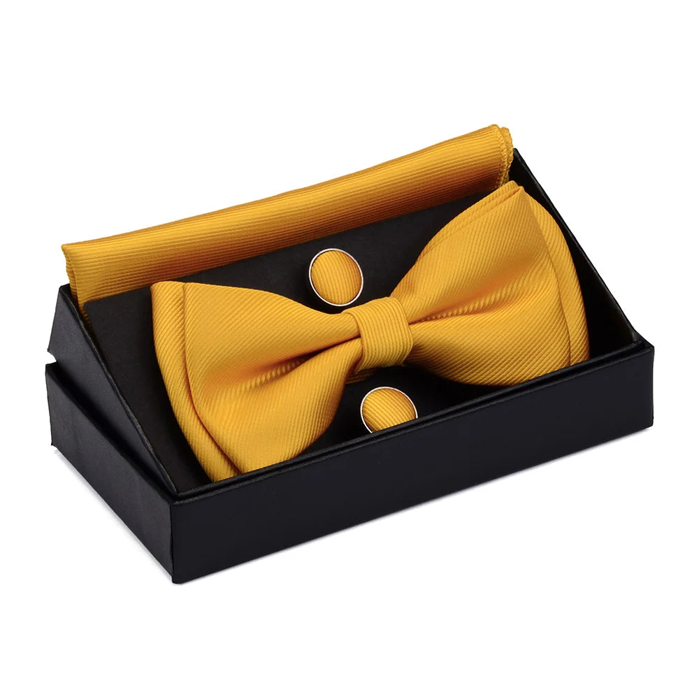 GUSLESON Quality Bowties For Wedding Mens Solid Color Two Layer Pre-tied Bow Tie and Pocket Square Cufflinks Set with Gift Box Good Vibrations