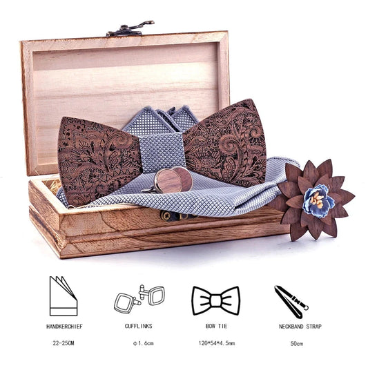 Formal Clasic Grey Tie for Men wedding wooden bow Tie Set Gift Hanky Cufflinks Set for Men Designer Fashion Silk Ties Good Vibrations