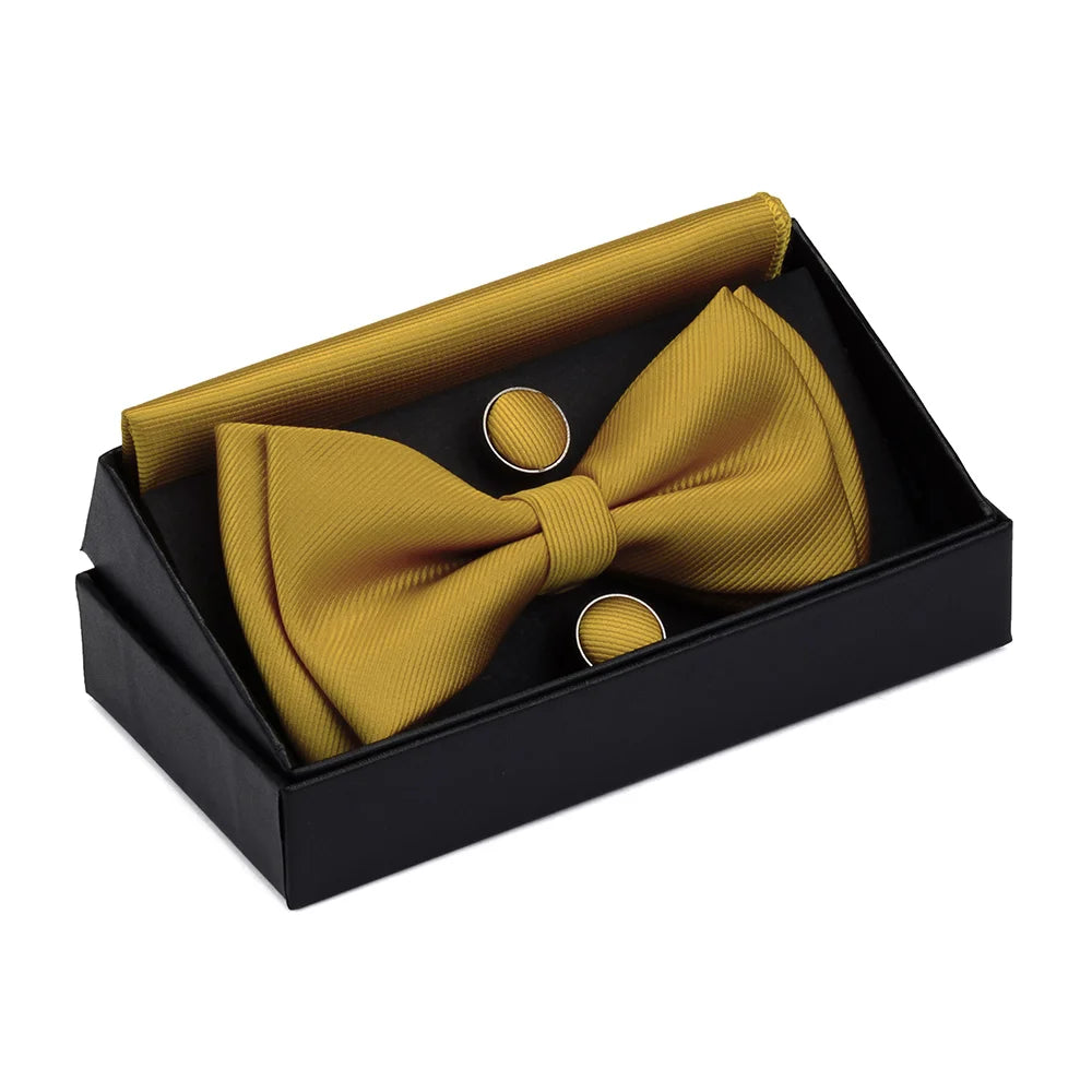 GUSLESON Quality Bowties For Wedding Mens Solid Color Two Layer Pre-tied Bow Tie and Pocket Square Cufflinks Set with Gift Box Good Vibrations