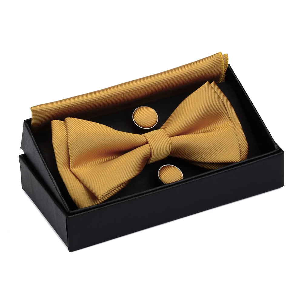 GUSLESON Quality Bowties For Wedding Mens Solid Color Two Layer Pre-tied Bow Tie and Pocket Square Cufflinks Set with Gift Box Good Vibrations