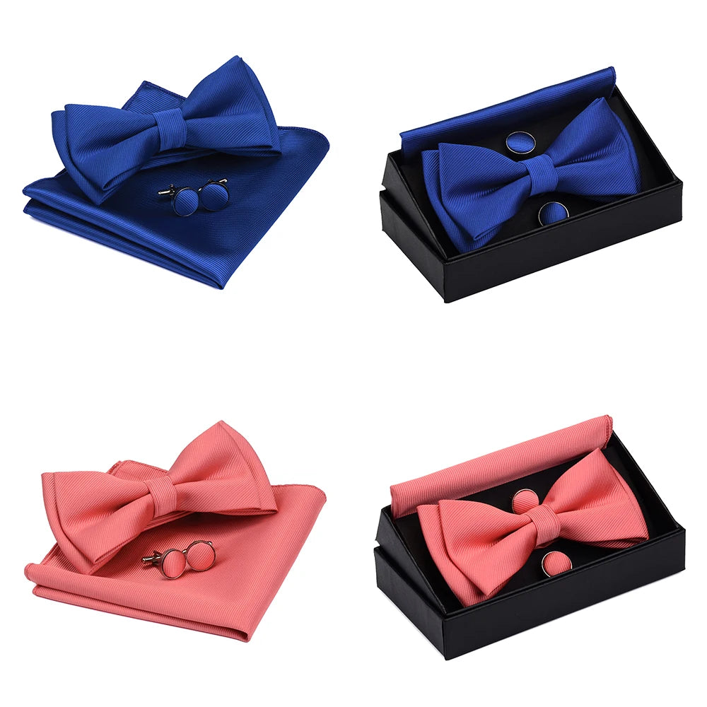 GUSLESON Quality Bowties For Wedding Mens Solid Color Two Layer Pre-tied Bow Tie and Pocket Square Cufflinks Set with Gift Box Good Vibrations