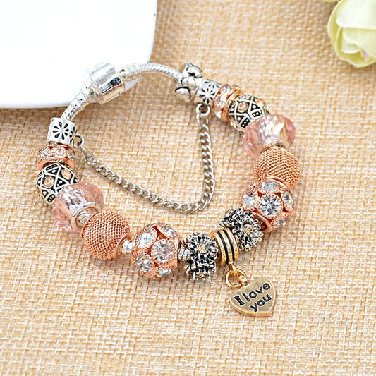 Classic Rose Gold Color Ball Charm Bracelets Diy I Love You Heart Pendant Beaded Jewelry Bracelets for Gift Good Vibrations
