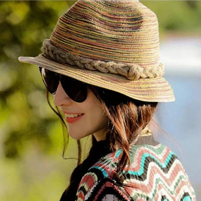 Summer Hats for Women Men Bow Straw Hats Beach Jazz Panama Cape Boat Hat Women Bohemia Travel bone Good Vibrations