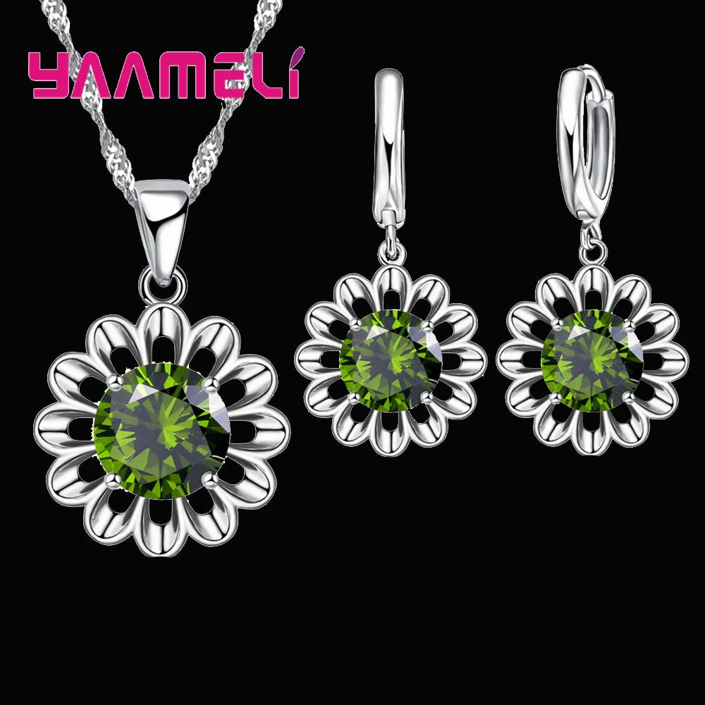 New Fashion Wedding Jewelry Set Women Top Quality 925 Sterling Silver Color Crystal Pendant Necklace Hoop Earring Big Promotion Good Vibrations