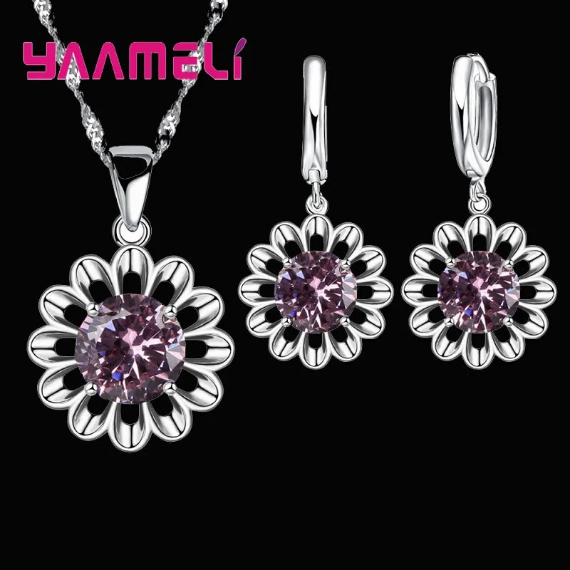 New Fashion Wedding Jewelry Set Women Top Quality 925 Sterling Silver Color Crystal Pendant Necklace Hoop Earring Big Promotion Good Vibrations