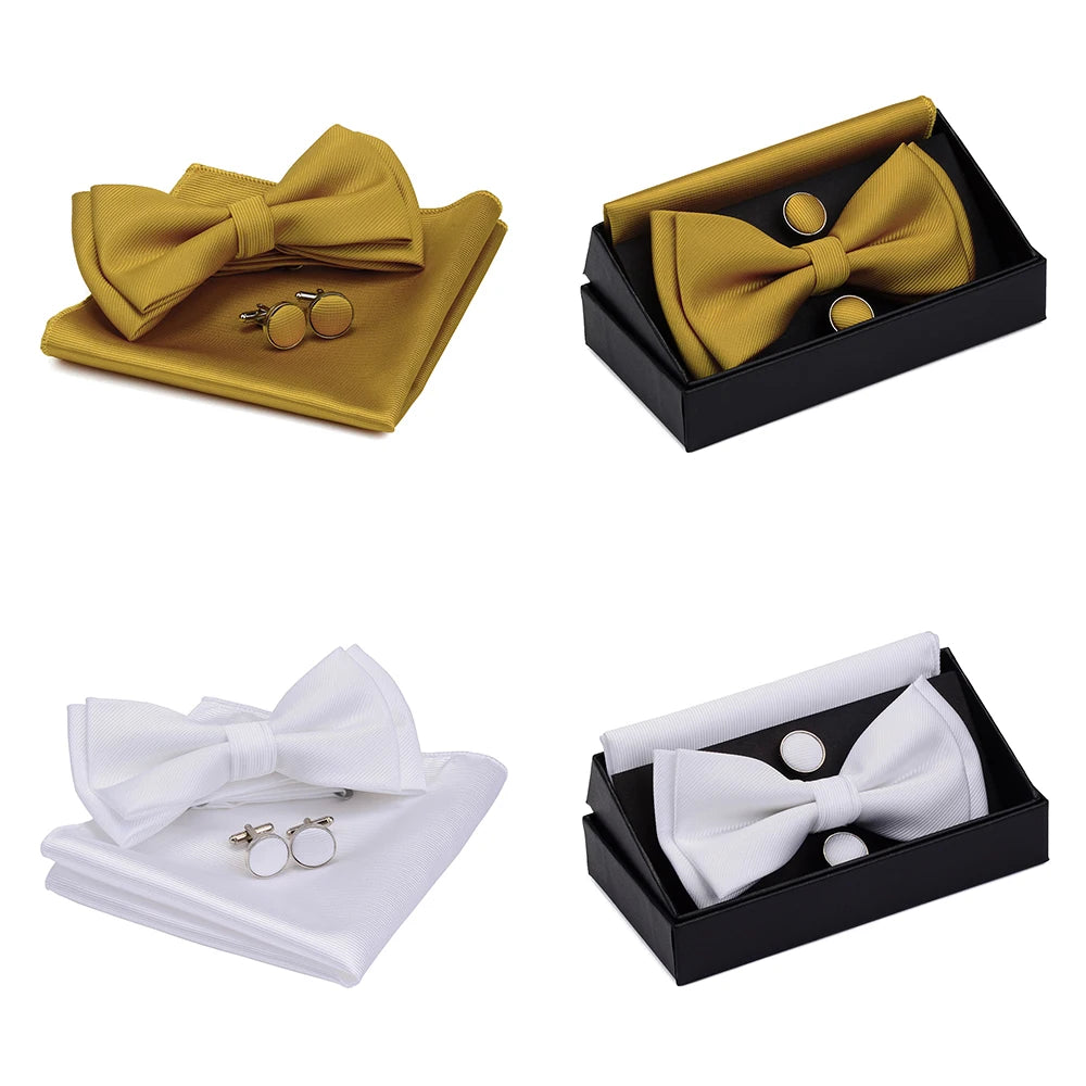 GUSLESON Quality Bowties For Wedding Mens Solid Color Two Layer Pre-tied Bow Tie and Pocket Square Cufflinks Set with Gift Box Good Vibrations