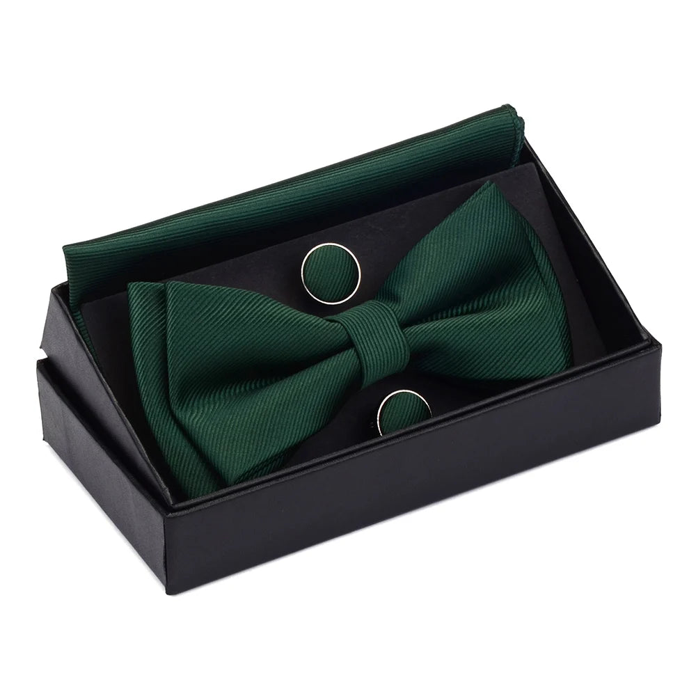 GUSLESON Quality Bowties For Wedding Mens Solid Color Two Layer Pre-tied Bow Tie and Pocket Square Cufflinks Set with Gift Box Good Vibrations