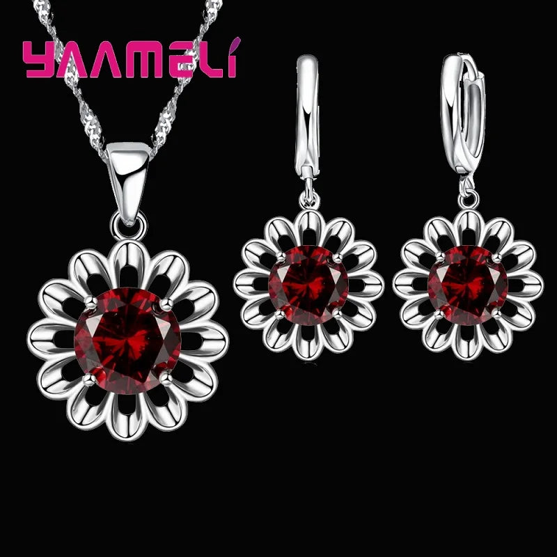 New Fashion Wedding Jewelry Set Women Top Quality 925 Sterling Silver Color Crystal Pendant Necklace Hoop Earring Big Promotion Good Vibrations