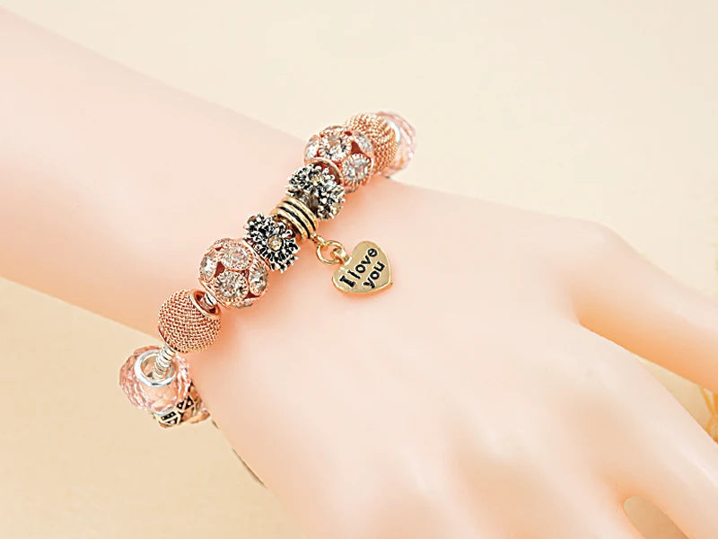 Classic Rose Gold Color Ball Charm Bracelets Diy I Love You Heart Pendant Beaded Jewelry Bracelets for Gift Good Vibrations