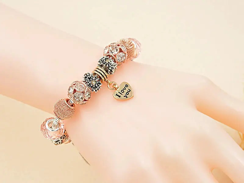 Classic Rose Gold Color Ball Charm Bracelets Diy I Love You Heart Pendant Beaded Jewelry Bracelets for Gift Good Vibrations
