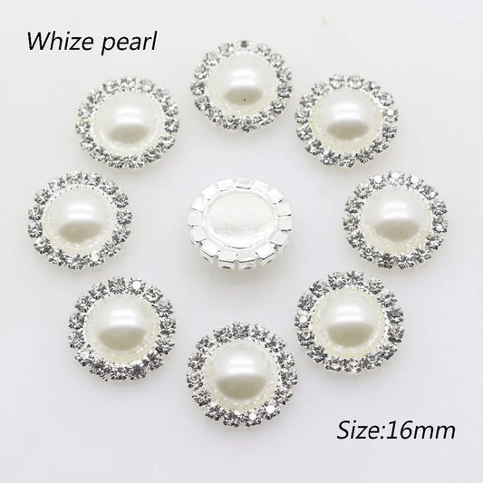 Wholesale 50pcs/lot 16mm (White/Ivory) Silver Flatback Pearl Rhinestone Buttons Wedding dress invitation hair decoration Good Vibrations