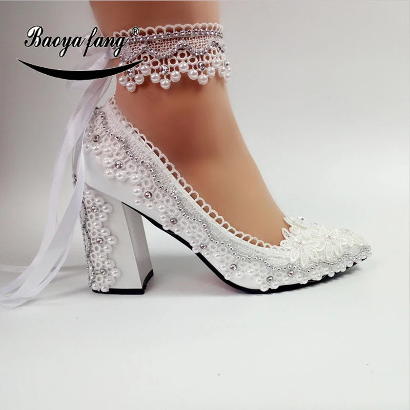BaoYaFang New Arrival Thick Heel Pointed Toe Womens Wedding Shoes High Heels ladies fashion shoes woman White Lace ankle strap Good Vibrations