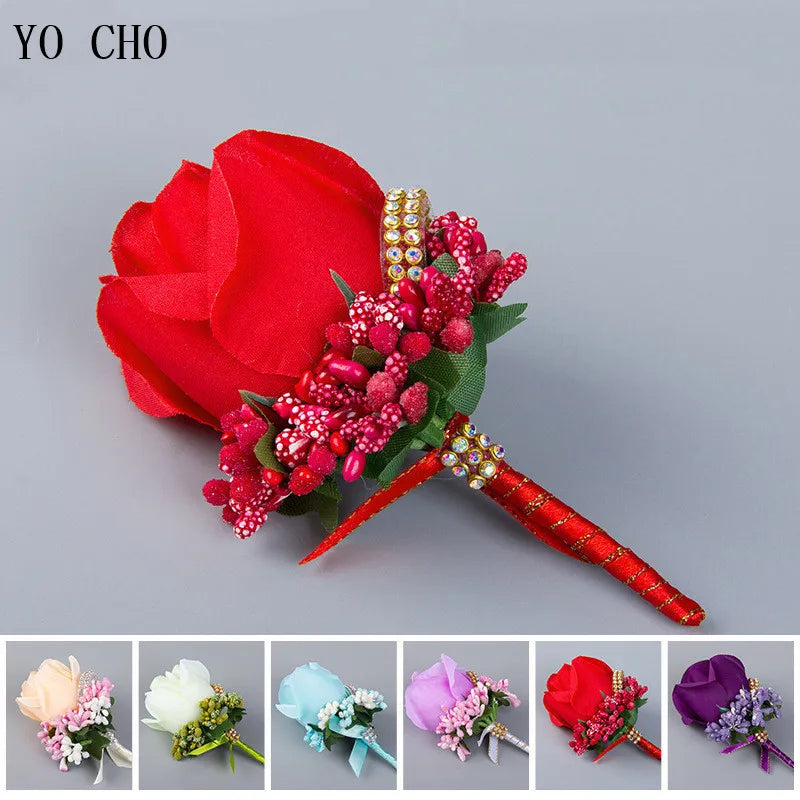 YO CHO Wedding Bouquet Artificial Rose Flowers Blue Brooch Corsages Glitter Rhinestone Ribbon Lace Classic Prom Boutonniere Pins Good Vibrations