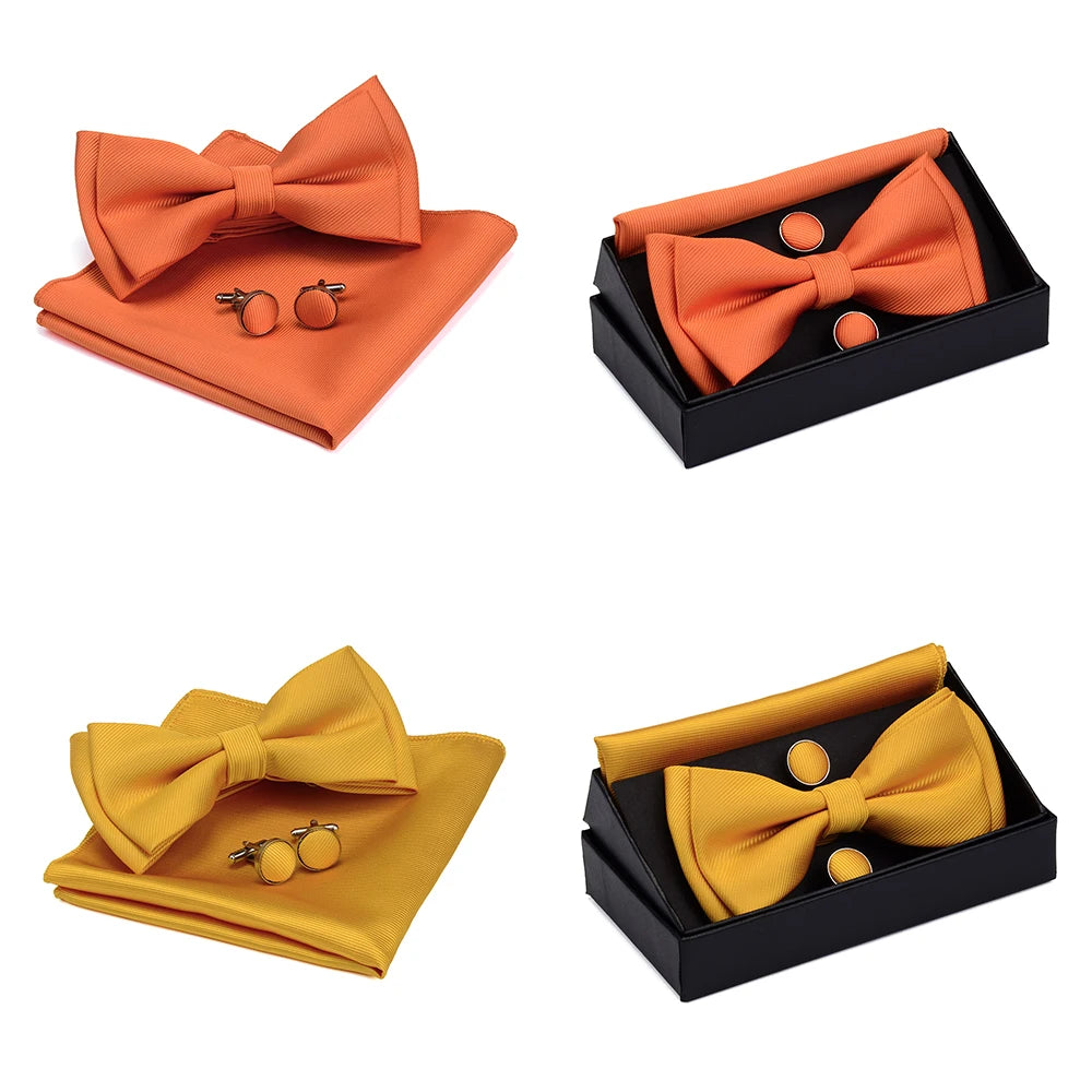 GUSLESON Quality Bowties For Wedding Mens Solid Color Two Layer Pre-tied Bow Tie and Pocket Square Cufflinks Set with Gift Box Good Vibrations