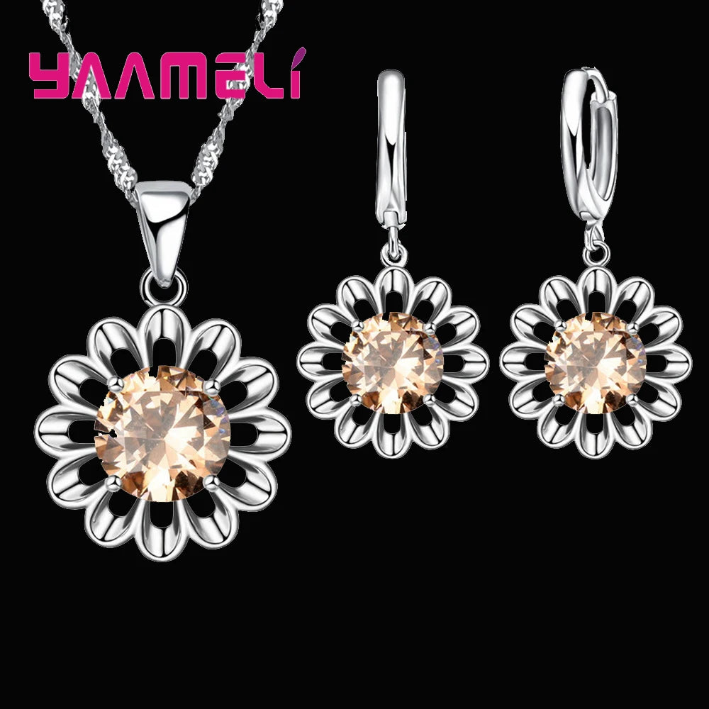 New Fashion Wedding Jewelry Set Women Top Quality 925 Sterling Silver Color Crystal Pendant Necklace Hoop Earring Big Promotion Good Vibrations