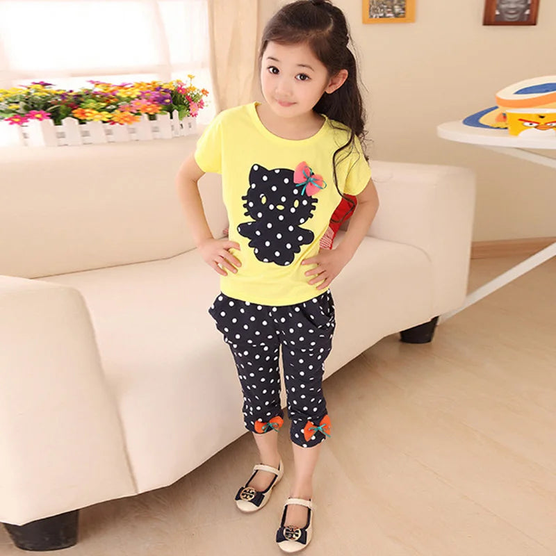 Girls Summer Casual Clothes Set Children Short Sleeve Cartoon T-shirt + Short Pants Sport Suits Girl Clothing Sets for Kids Good Vibrations