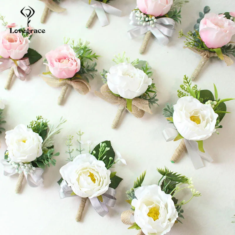 Wedding Boutonnieres White Pink Silk Roses Wrist Corsage Bracelets Bridesmaid Flowers Groom Brooch Marriage Cuff Wrist Corsages Good Vibrations