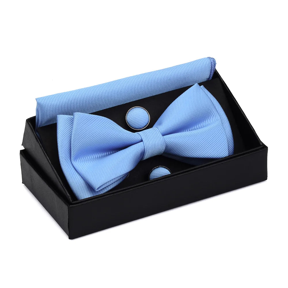 GUSLESON Quality Bowties For Wedding Mens Solid Color Two Layer Pre-tied Bow Tie and Pocket Square Cufflinks Set with Gift Box Good Vibrations