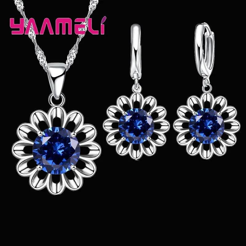 New Fashion Wedding Jewelry Set Women Top Quality 925 Sterling Silver Color Crystal Pendant Necklace Hoop Earring Big Promotion Good Vibrations