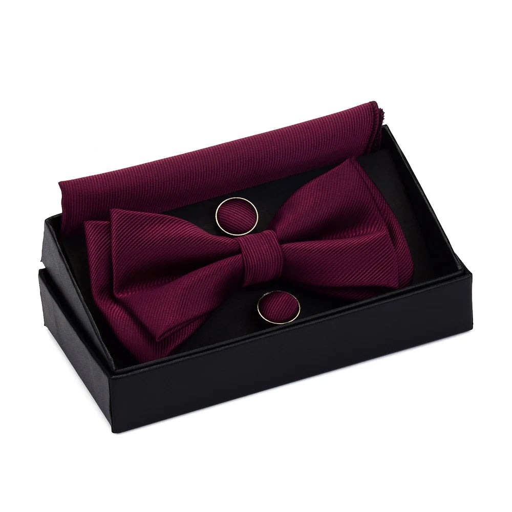 GUSLESON Quality Bowties For Wedding Mens Solid Color Two Layer Pre-tied Bow Tie and Pocket Square Cufflinks Set with Gift Box Good Vibrations