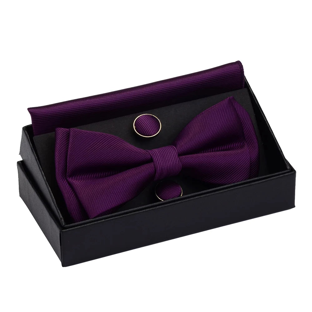 GUSLESON Quality Bowties For Wedding Mens Solid Color Two Layer Pre-tied Bow Tie and Pocket Square Cufflinks Set with Gift Box Good Vibrations
