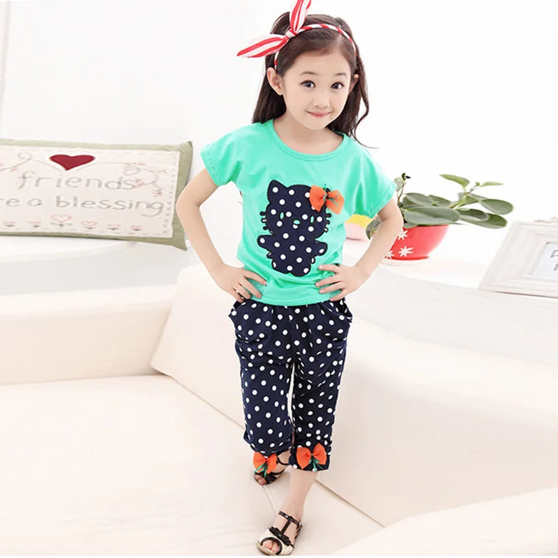 Girls Summer Casual Clothes Set Children Short Sleeve Cartoon T-shirt + Short Pants Sport Suits Girl Clothing Sets for Kids Good Vibrations