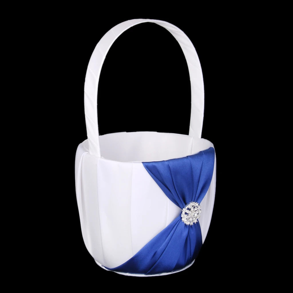 White Wedding Flower Girl Basket With Royal Blue Satin Diamante Bowknot Flower Pots Good Vibrations