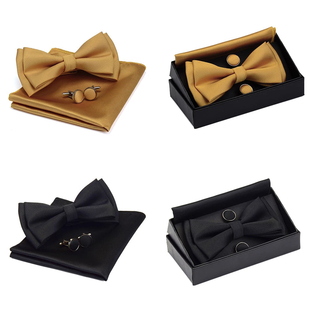 GUSLESON Quality Bowties For Wedding Mens Solid Color Two Layer Pre-tied Bow Tie and Pocket Square Cufflinks Set with Gift Box Good Vibrations