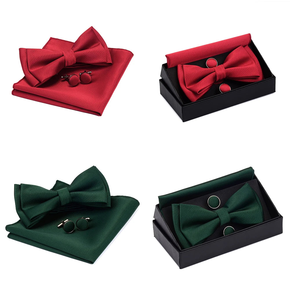 GUSLESON Quality Bowties For Wedding Mens Solid Color Two Layer Pre-tied Bow Tie and Pocket Square Cufflinks Set with Gift Box Good Vibrations
