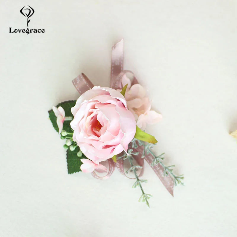Wedding Boutonnieres White Pink Silk Roses Wrist Corsage Bracelets Bridesmaid Flowers Groom Brooch Marriage Cuff Wrist Corsages Good Vibrations