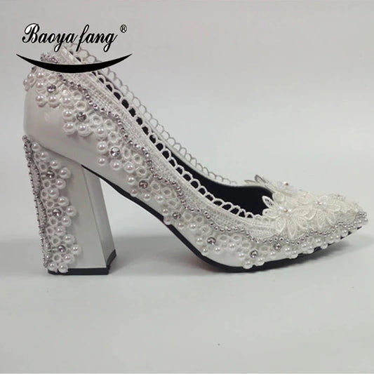 BaoYaFang New Arrival Thick Heel Pointed Toe Womens Wedding Shoes High Heels ladies fashion shoes woman White Lace ankle strap Good Vibrations
