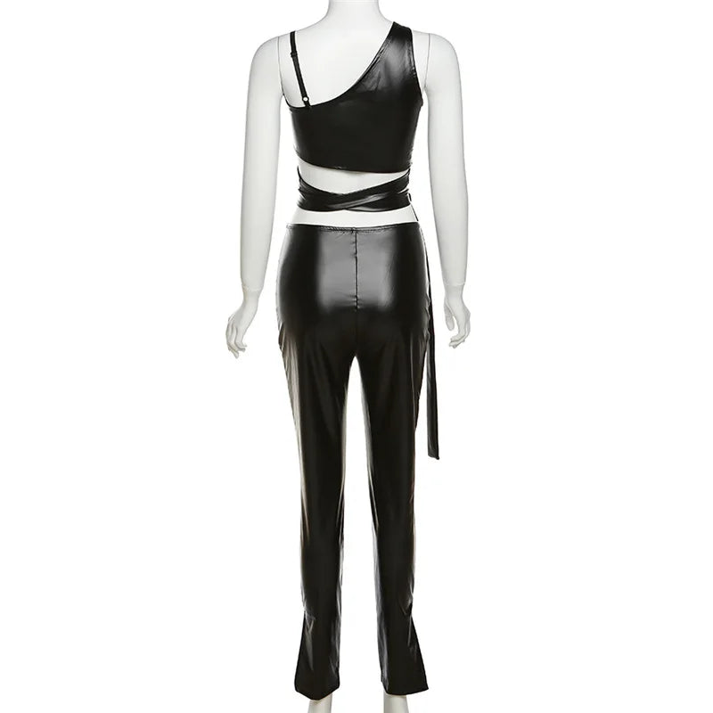 WY7658 New Arrivals Pu Leather Bandage Tops Flare Pant Set Women Outfits Two Piece Pant Set Good Vibrations